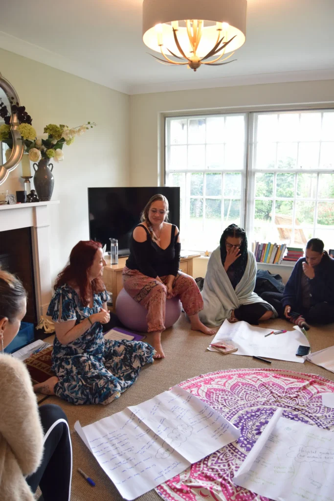 Trainee Doulas sitting around discussing their doula training with their course facilitators.